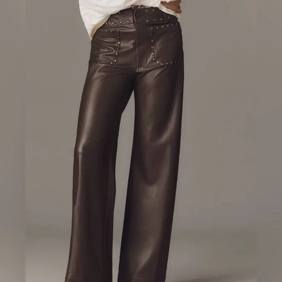 NWT Anthropologie TALL Colette Full-Length Faux Leather Studded Wide Leg Pants - Picture 1 of 6